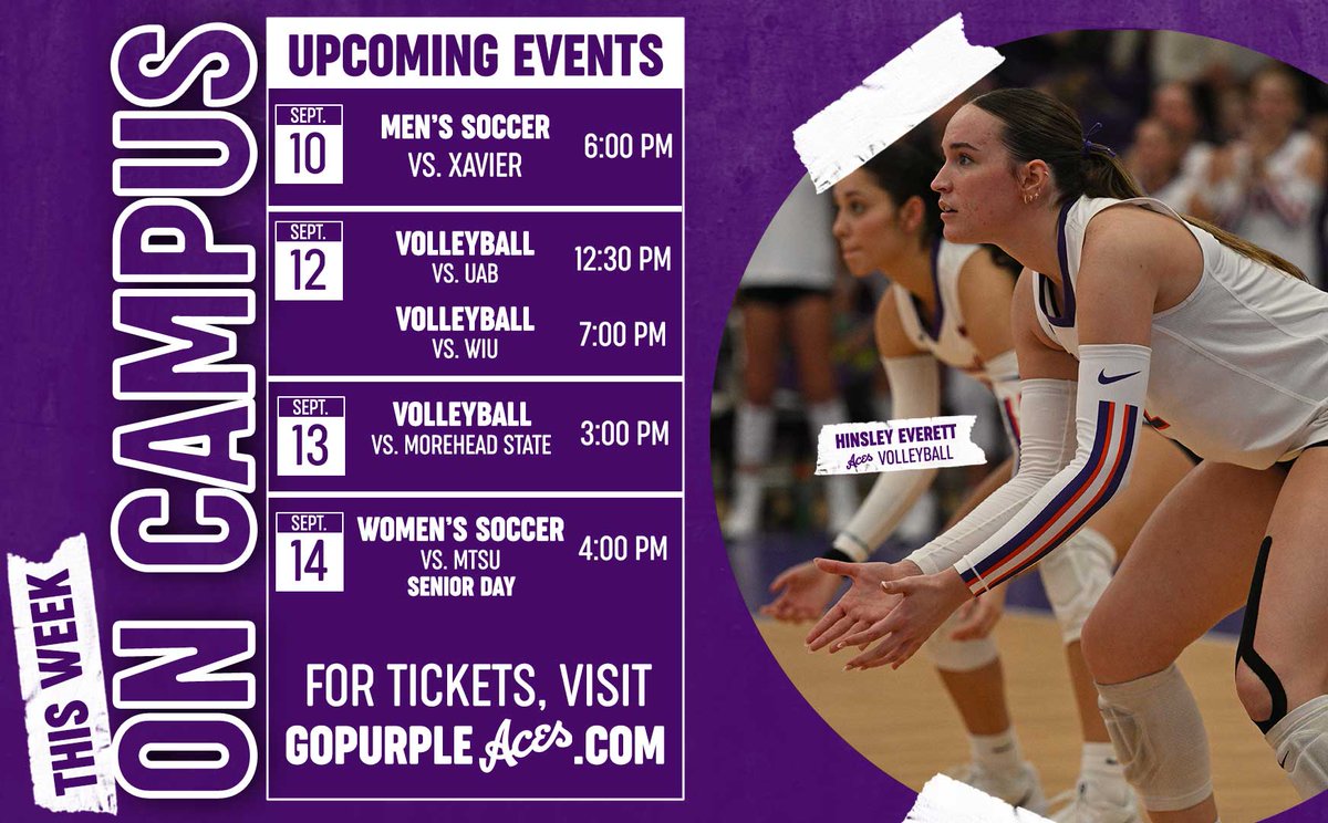 𝗧𝗵𝗶𝘀 𝗪𝗲𝗲𝗸 𝗼𝗻 𝗖𝗮𝗺𝗽𝘂𝘀 🏠

Both <a href="/UEAthleticsMSOC/">UE Men's Soccer</a> and <a href="/UEAthleticsWSOC/">UE Women's Soccer</a> play host to non-conference foes, while <a href="/UEAthletics_VB/">UE Volleyball</a> plays three home matches as part of its home tournament!

🎟️ GoPurpleAces.com/Tix
🟣 #ForTheAces