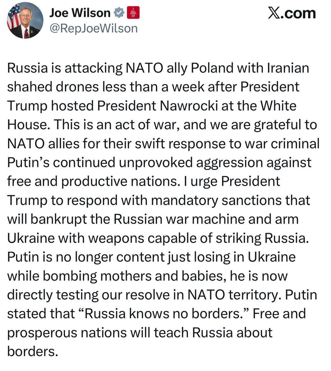 ShaunPinnerUA's tweet photo. “🚨 ‘This is an act of war.’ US Rep. Joe Wilson on Russia’s drone attack against Poland.
He urged President Trump to respond with sanctions and arm Ukraine to strike Russia.
Putin is no longer confined to Ukraine, he’s openly testing NATO’s resolve on allied soil. https://t.co/NMtfGjRoqW