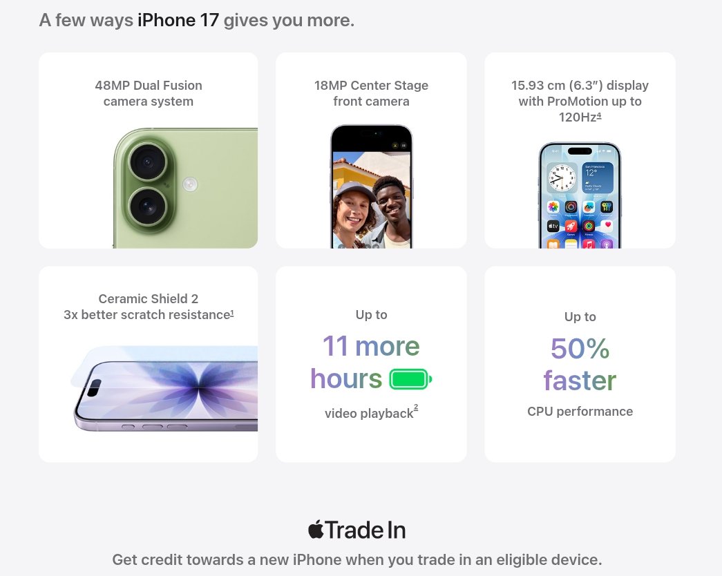 FlorithmX's tweet photo. π± The iPhone 17 is a real jump from 16 β
π± 120Hz ProMotion (finally!)
π€³ 18MP Center Stage selfies
β‘ A19 chip + Wi-Fi 7
π 30hr battery + 50% in 20min
What do you think β is iPhone 17 the real highlight of this series? π€π±
#iPhone17 #AppleEvent #TechNews #florithmX https://t.co/Pti1HYwpLj