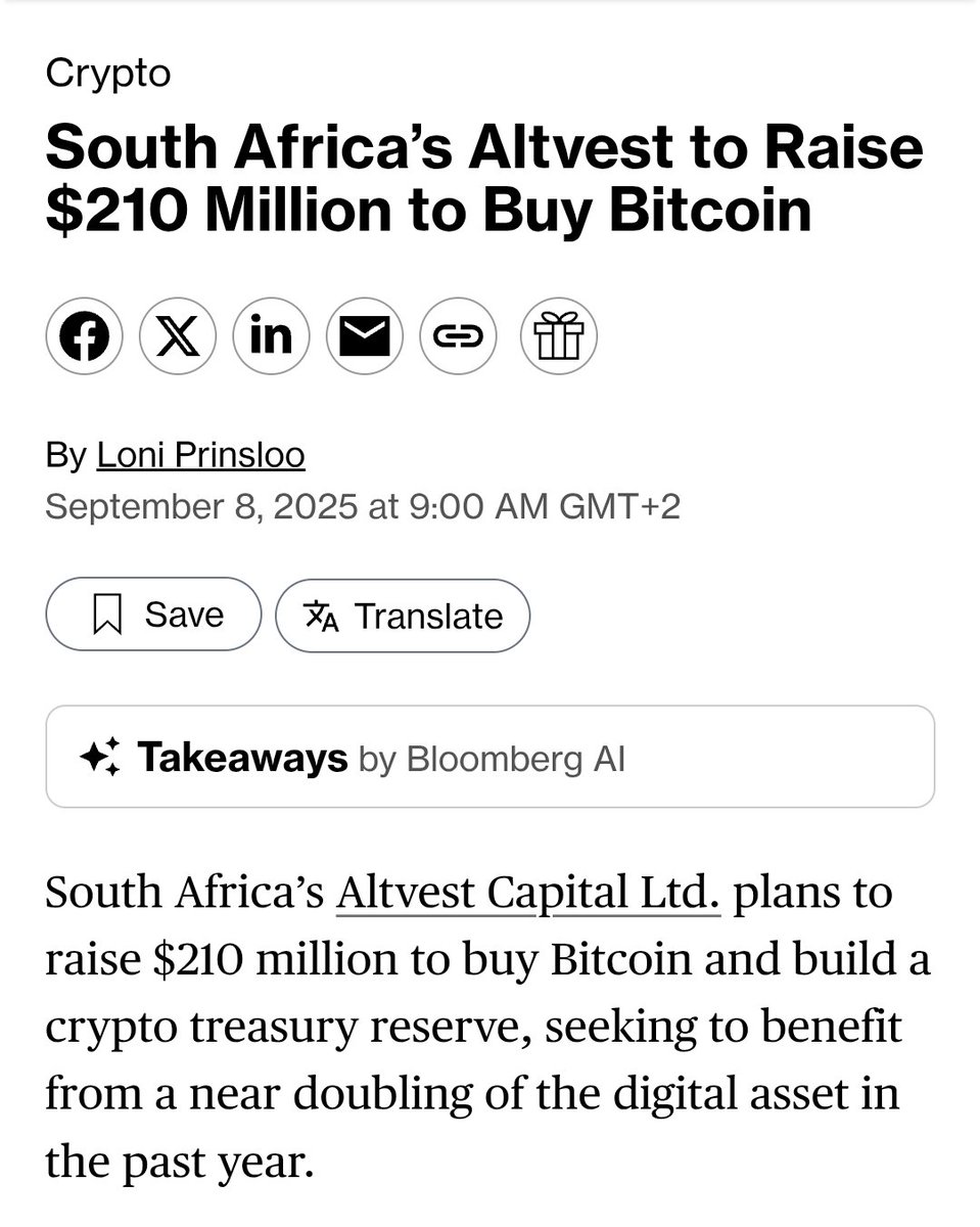 NEW: 🇿🇦 South African financial firm Altvest Capital plans to raise $210M  to buy Bitcoin, becoming the first African company to adopt a Bitcoin  treasury reserve.