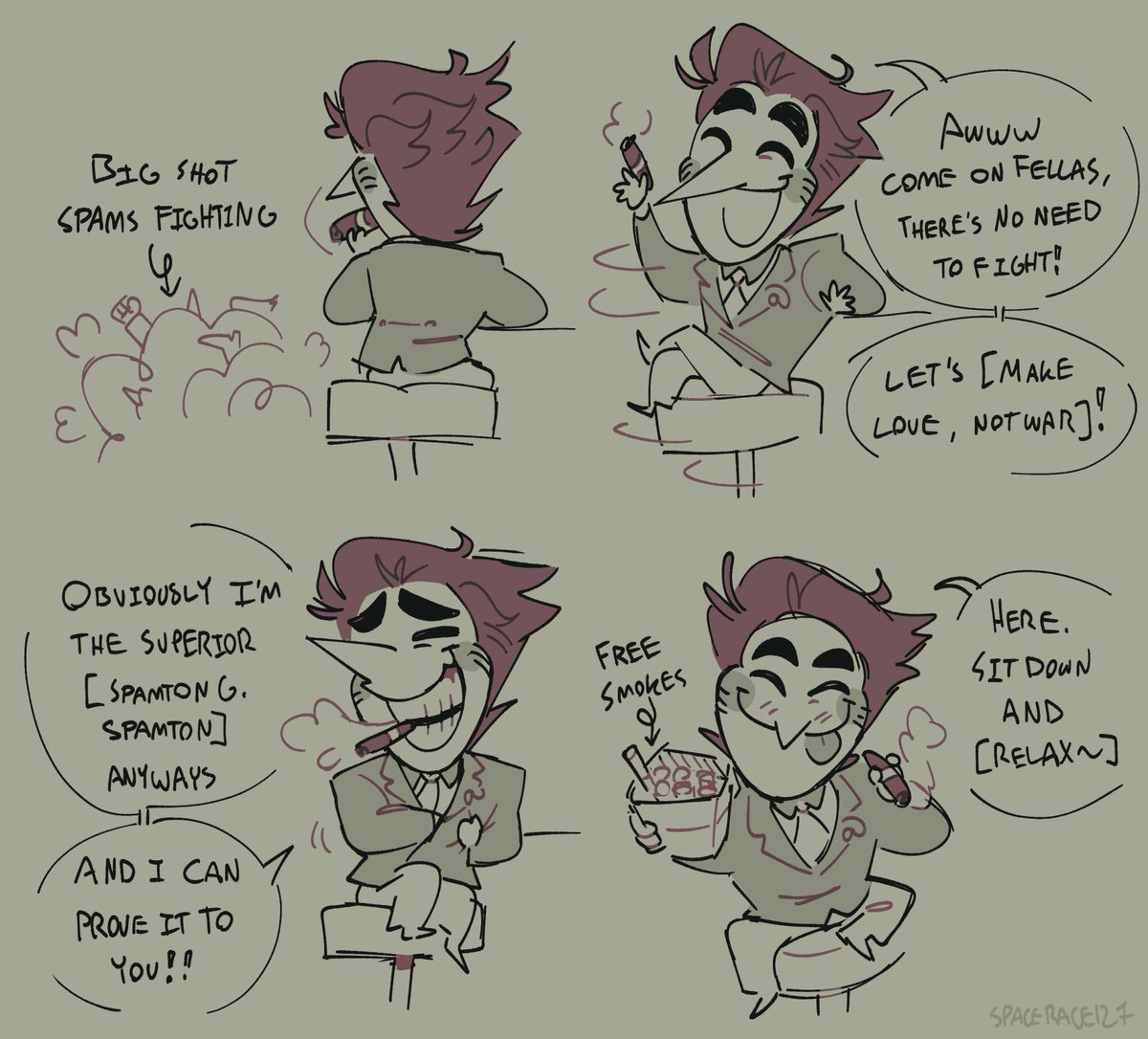 inspired by seeing bunch of spams fighting on my tl hehehe. my lil guy would take the opportunity to network <33
#spamton #deltarune