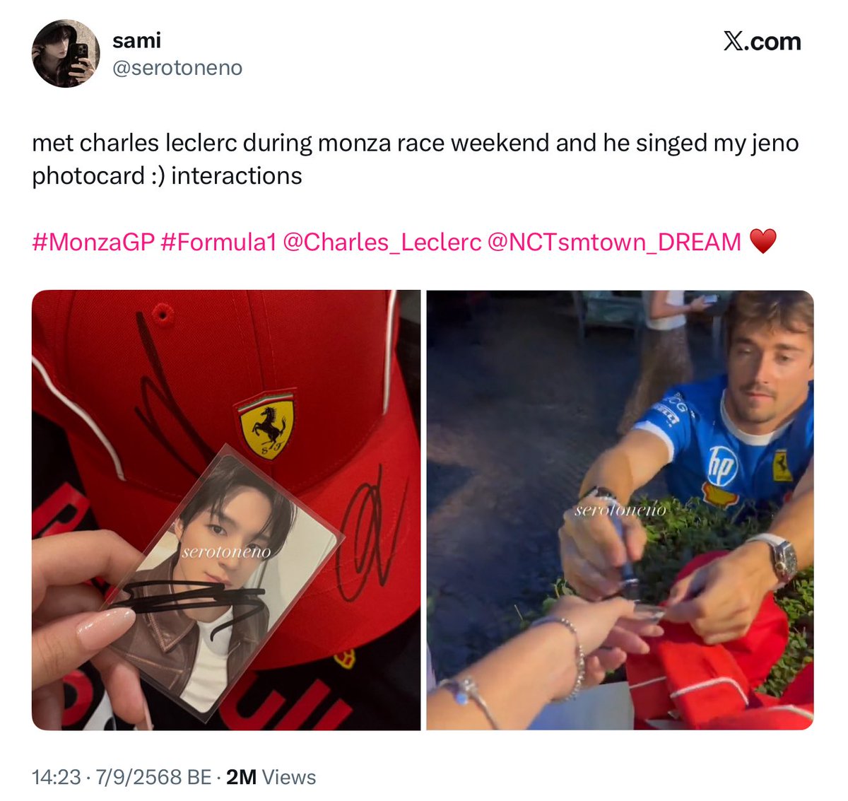 อันนี้น่าจะต้นทางแฟนคลับคนที่เอาการ์ดเจโน่ไปให้ชาลเซ็นที่มอนซ่า วันก่อนหน้านั้นเห็นในคอมมูเอฟวันเขาคุยกันว่าเจโน่ก็ใส่เสื้อแจ็คเก็ตเฟอร์รารี่หนิ ล่าสุดเจโน่รับรู้แล้วด้วยหรอ อยู่กันคนละทวีปก็ยังมี interaction กันได้เป็นฉากๆเลย โมเม้นเสกได้ด้วยเส้นที่แอบหนีด้อมไปตามด้อมรถด้วย55555