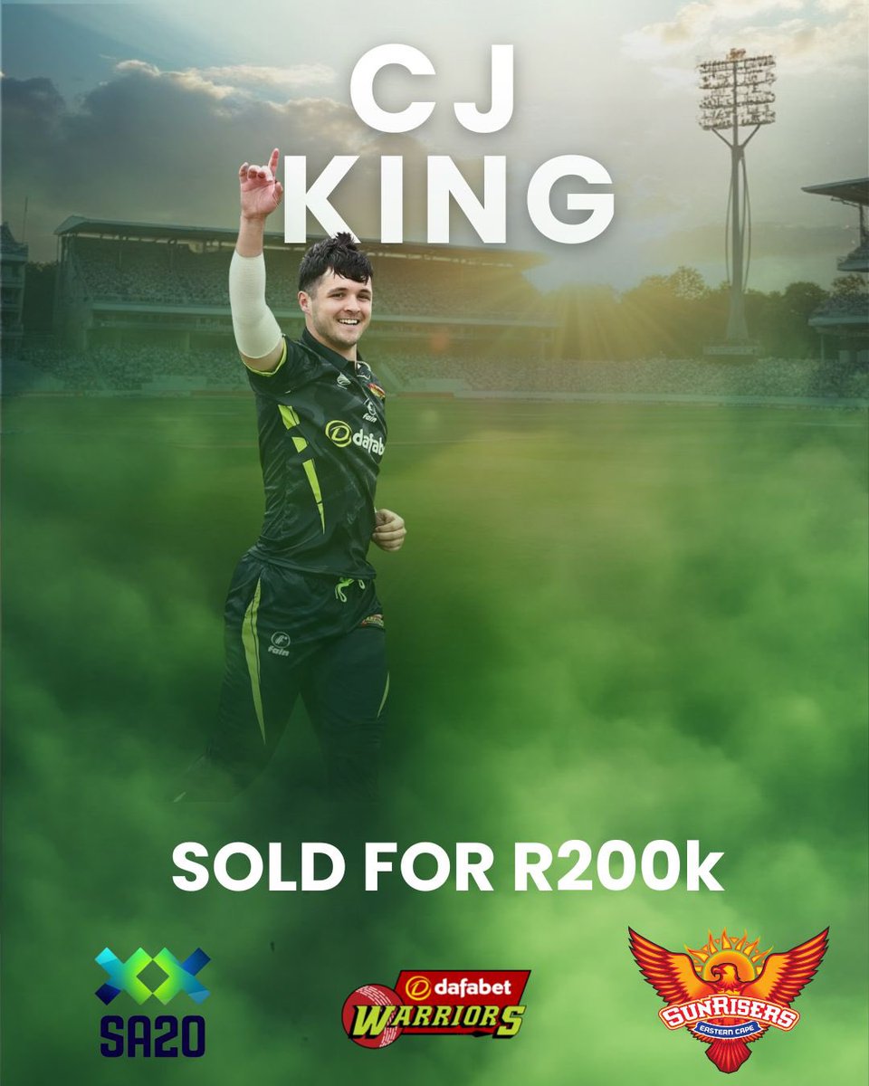 WarriorsCrickEC's tweet photo. Big shoutout to CJ King โ officially part of the Sunrisers Eastern Cape squad after being picked up for R200,000! An exciting journey ahead in the orange jersey โ go make it count! ๐งก๐ฅ
#CJKing #SunrisersEC #SA20Auction #CricketTalent #NextGenCricket #SA20 #EasternCapeEnergy https://t.co/HtD4xA1Qm6