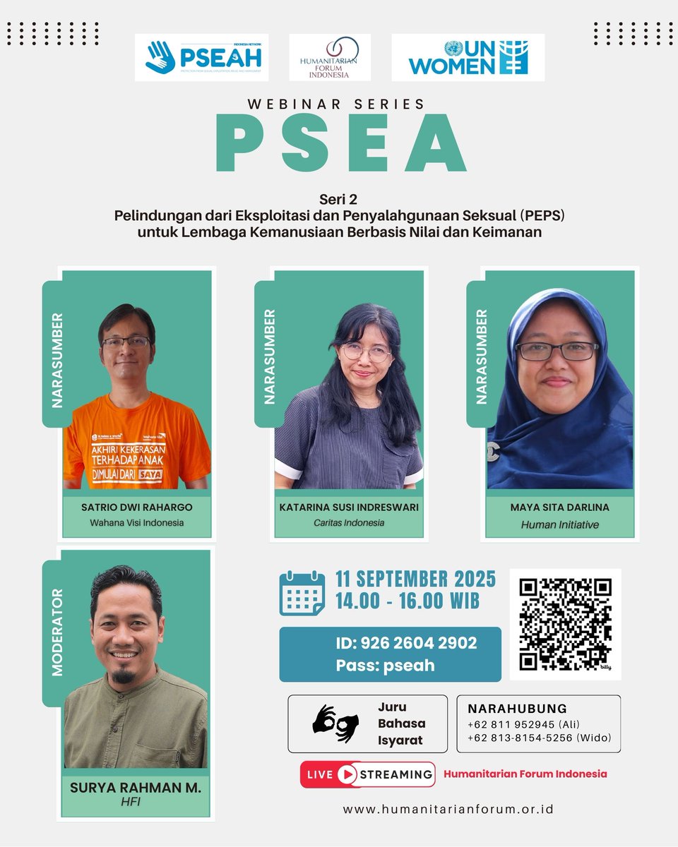 PSEA Webinar Seri #2 yang akan dilaksanakan pada:
•⁠ ⁠Hari Kamis
•⁠ ⁠Tanggal 11 September 2025
•⁠ ⁠Pukul 14.00 -16.00 WIB
Lokasi kegiatan daring:
•⁠ ⁠Tautan zoom bit.ly/PSEAWebinarSer…
•⁠ ⁠Meeting ID: 926 2604 2902
• Passcode: pseah

#webinar #psea