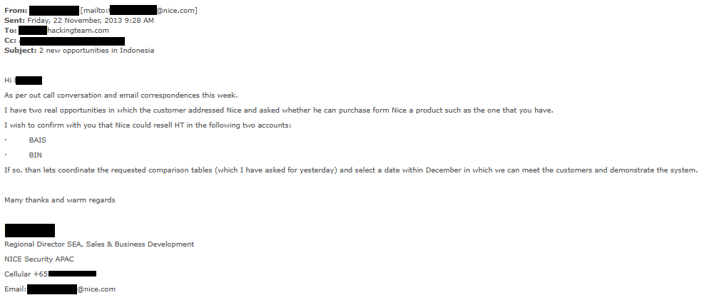 doxsint's tweet photo. Back in 2013, HackingTeam &amp; NICE flagged BAIS &amp; BIN as ‘real opportunities’ in Indonesia. Plans included Galileo demos &amp; comparison vs FinFisher. Target: selling spyware to Indonesian intel agencies. https://t.co/xcTGK068Pr