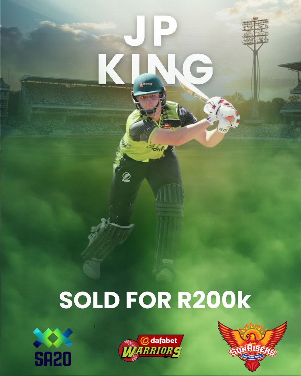 WarriorsCrickEC's tweet photo. Congratulations to JP King on being picked up by the Sunrisers Eastern Cape for R200,000! Another rising star joining the orange ranks โ exciting times ahead! ๐งก๐ฅ
#JPKing #SunrisersEC #SA20Auction #CricketSouthAfrica #FutureStar #OrangeArmy #SA20 #NextGenTalent https://t.co/bO7i7D4Dz0
