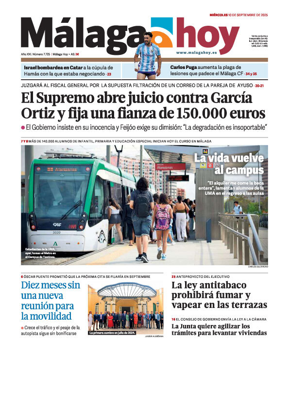 malagahoy_es's tweet photo. ¡Buenos días! Aquí os dejamos la portada de Málaga Hoy del 10 de septiembre. Más noticias de la jornada en https://t.co/1wyZ3uqWCT. #FelizMiércoles #Málaga https://t.co/zIL2hwbL31