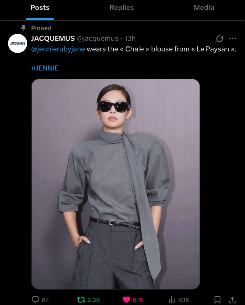 Jacquemus' official account pinned Jennie's photo on their X 🩶