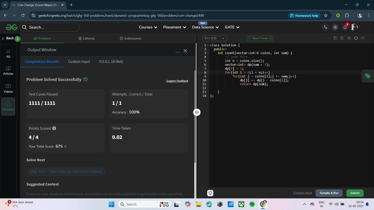SealRishita's tweet photo. 🚀Day 93 of GFG 160Days Challenge

Problem-
>> Coin change(count Ways)
-----------------------------------
>> GFG POTD
@geeksforgeeks #gfg160daysofcoding #LearnInPublic #CodingChallenge https://t.co/iHAXWqthlZ