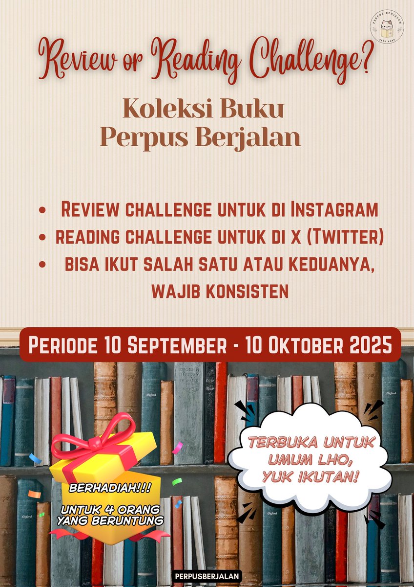 PerpusBerjalan's tweet photo. Halo Sobat Minpus 😽😺

kangen dengan tantangan??? Kali ini Minpus kembali mengajak kalian ikut event Reading/Review buku-buku yang ada di katalog kami, berhadiah loh!! Apa saja syarat ketentuannya? Cek postingan berikut ini!! 

untuk yang X kita fokus ke Reading Challenge ya💕 https://t.co/JxAeA0Hb6F