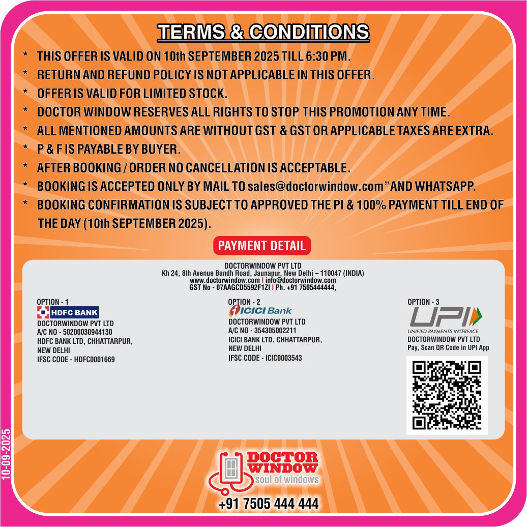 DOCTORWINDOW_IN's tweet image. 😎 𝗗𝗵𝗶𝗻𝗰𝗵𝗮𝗸 𝗢𝗳𝗳𝗲𝗿 𝗧𝗶𝗺𝗲! 😎

Hurry, deal ends 10th Sept 2025, 6:30 PM ⏳

Contact @DOCTORWINDOW_IN +𝟵𝟭 𝟳𝟱𝟬𝟱 𝟰𝟰𝟰 𝟰𝟰𝟰
𝘀𝗮𝗹𝗲𝘀@𝗱𝗼𝗰𝘁𝗼𝗿𝘄𝗶𝗻𝗱𝗼𝘄.𝗰𝗼𝗺

#ssmesh #mosquitomesh #MosquitoProtection #wednesday #doctorwindow #soulofwindows