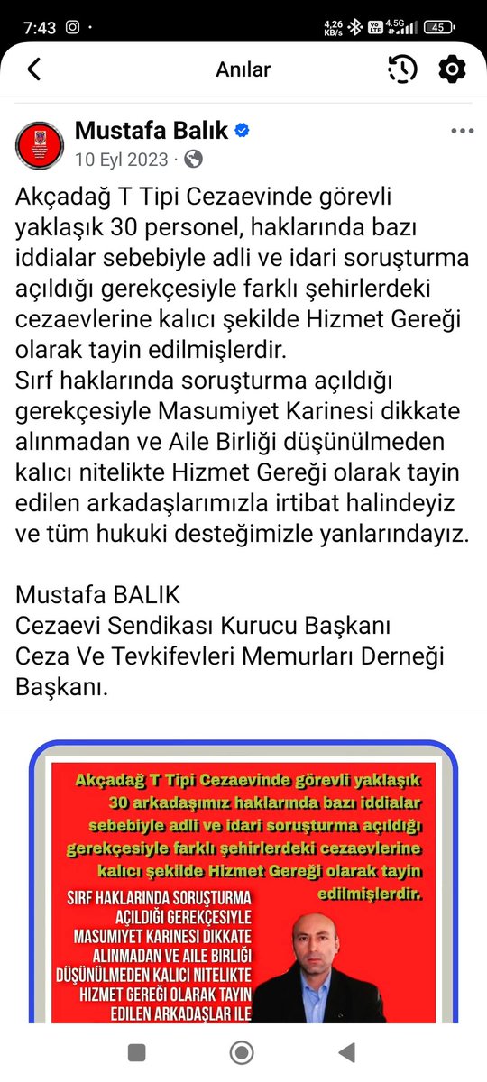 ANI'dan; 2 yıl olmuş. 
2 yıl önce aşapıdaki paylaşımdan dolayı soruşturma açıldı ve geçenlerde Aylıktan Kesme cezası verildi. İtiraz dahi etmedim doğrudan iptal davası açacağım. 
İftira yalan yok, hakaret yok, aşağılama yok, altında görüldüğü gibi sadece dernek adına yaptığım bir