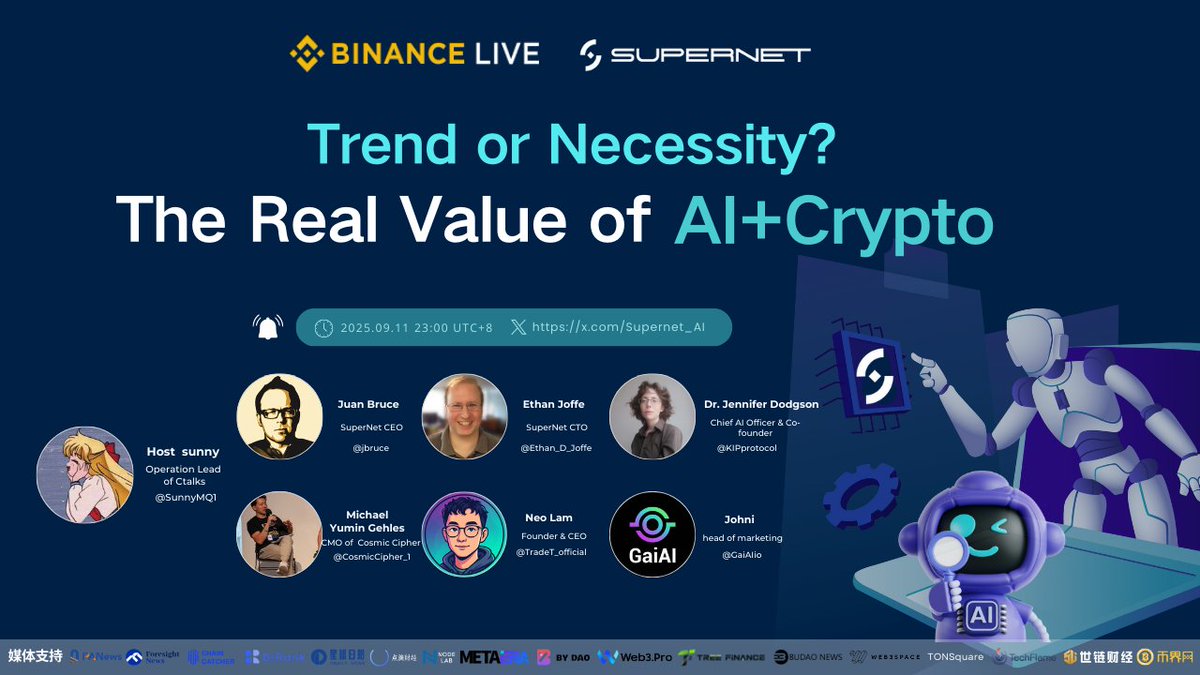 talk99's tweet image. 📣Binance Live Event Preview

🎙️BinanceLive：Trend or Necessity? The Real Value of AI+Crypto
⏰09.11 23：00 UTC+8
———————————————————————
Host:
Sunny @SunnyMQ1

Speakers：
Juan Bruce @jbruce @Supernet_AI
Ethan Joffe   @Ethan_D_Joffe @Supernet_AI
Dr. Jennifer Dodgson @KIPprotocol…