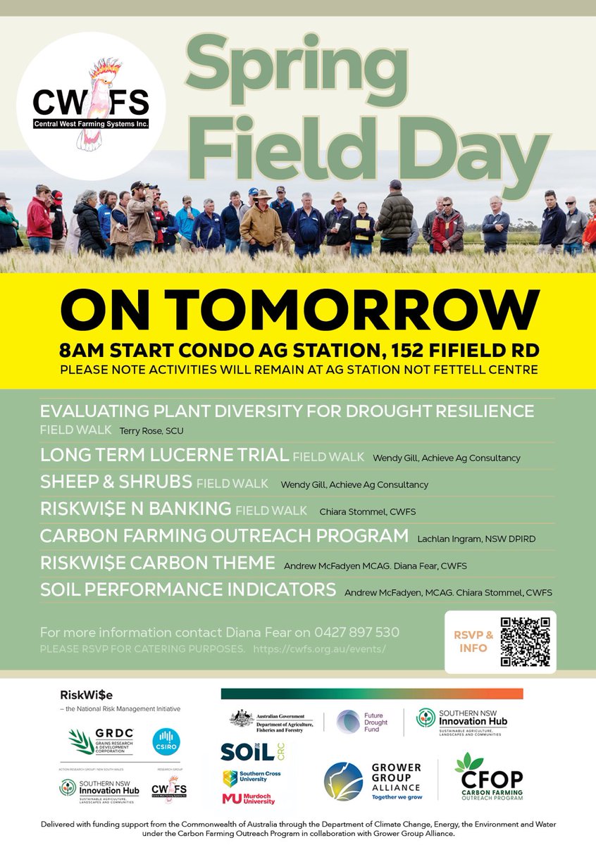Make the most of the wet weather – join us for great food, great company and the best of ag innovation in the Central West. CWFS Field Day 8:00 AM tomorrow at the Condobolin Ag Station. (Moved from the Fettell Centre).

You can book your free ticket here 👇🏼