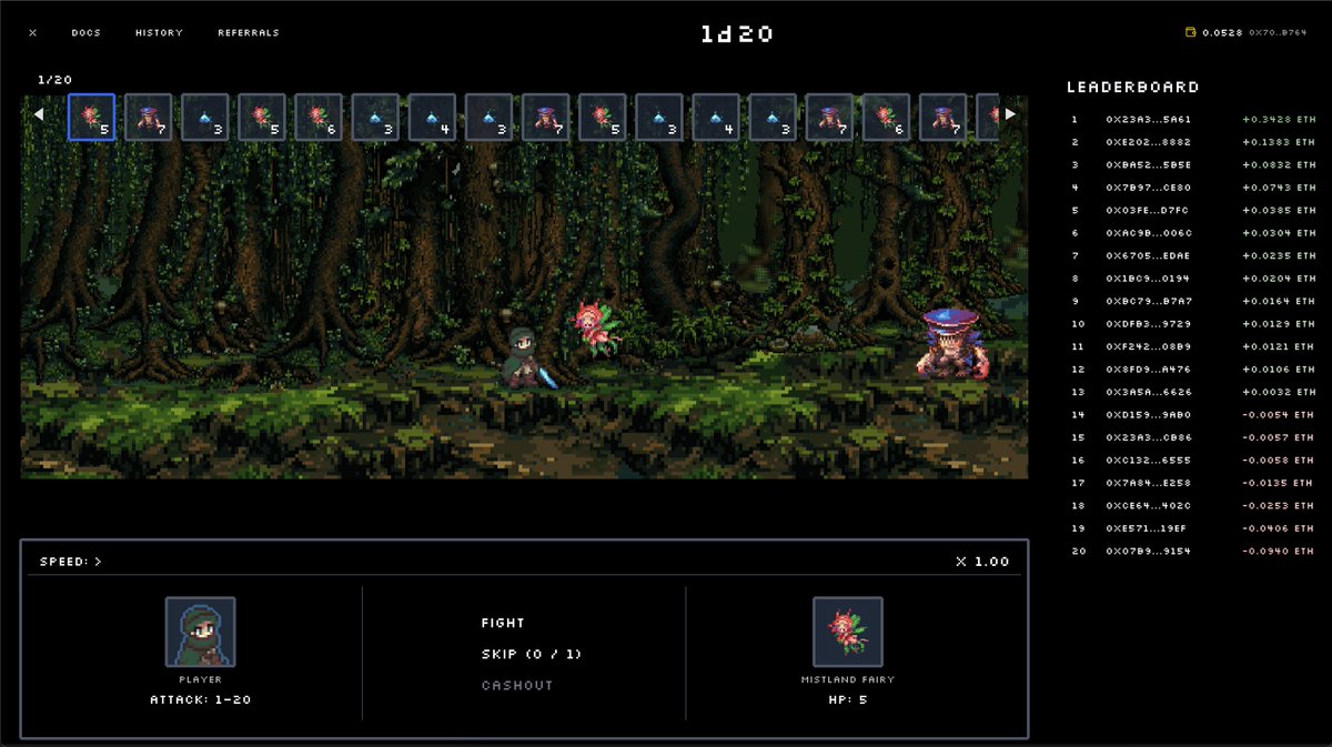 I got into a few rounds of <a href="/1d20_abs/">1d20✳️</a> on <a href="/AbstractChain/">Abstract</a>. Its a quick and easy dice game with solid aesthetics. Part chance part strategy. Mathematically guaranteed provably fair. 

You roll a 20 sided die and need to get higher than the hp of the enemy you are facing. If you do