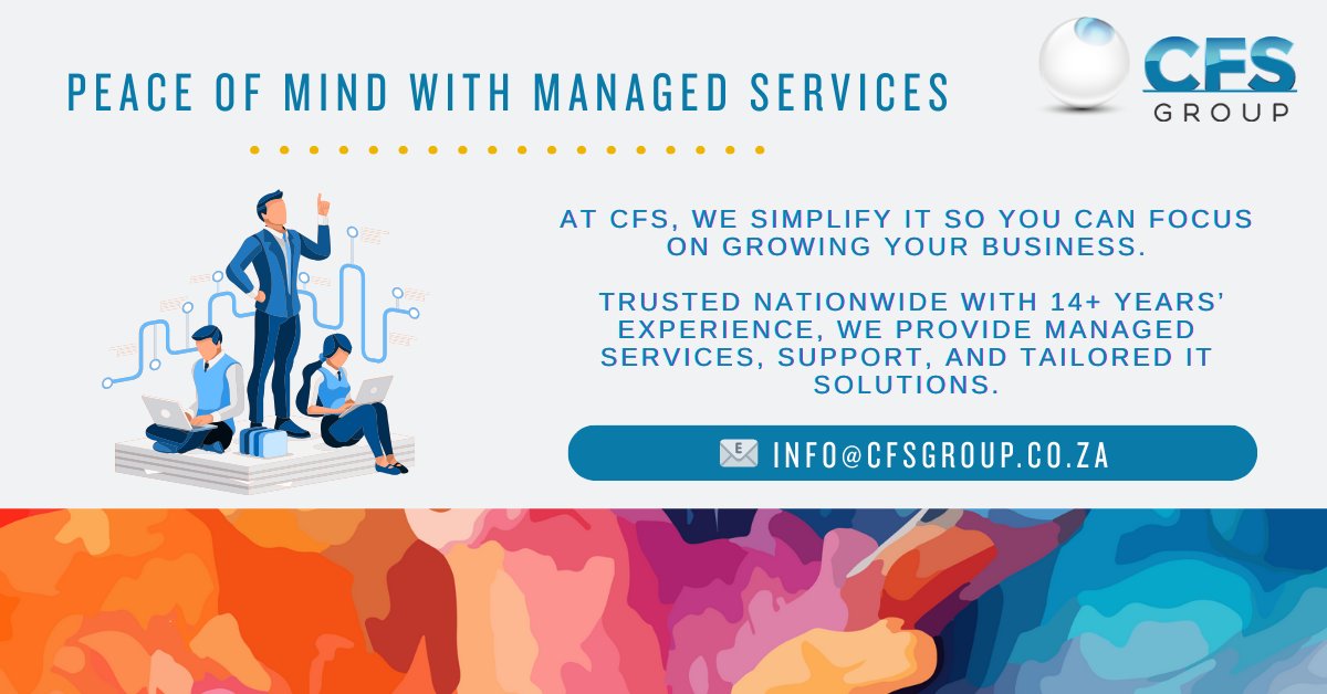 cfs_software's tweet image. Peace of mind with Managed Services! 💻✨
CFS keeps your IT running smoothly so you can focus on growing your business. With 14+ years of experience, we deliver tailored nationwide support.
📧 info@cfsgroup.co.za
#ManagedServices #ITSupport #BusinessGrowth #CFS