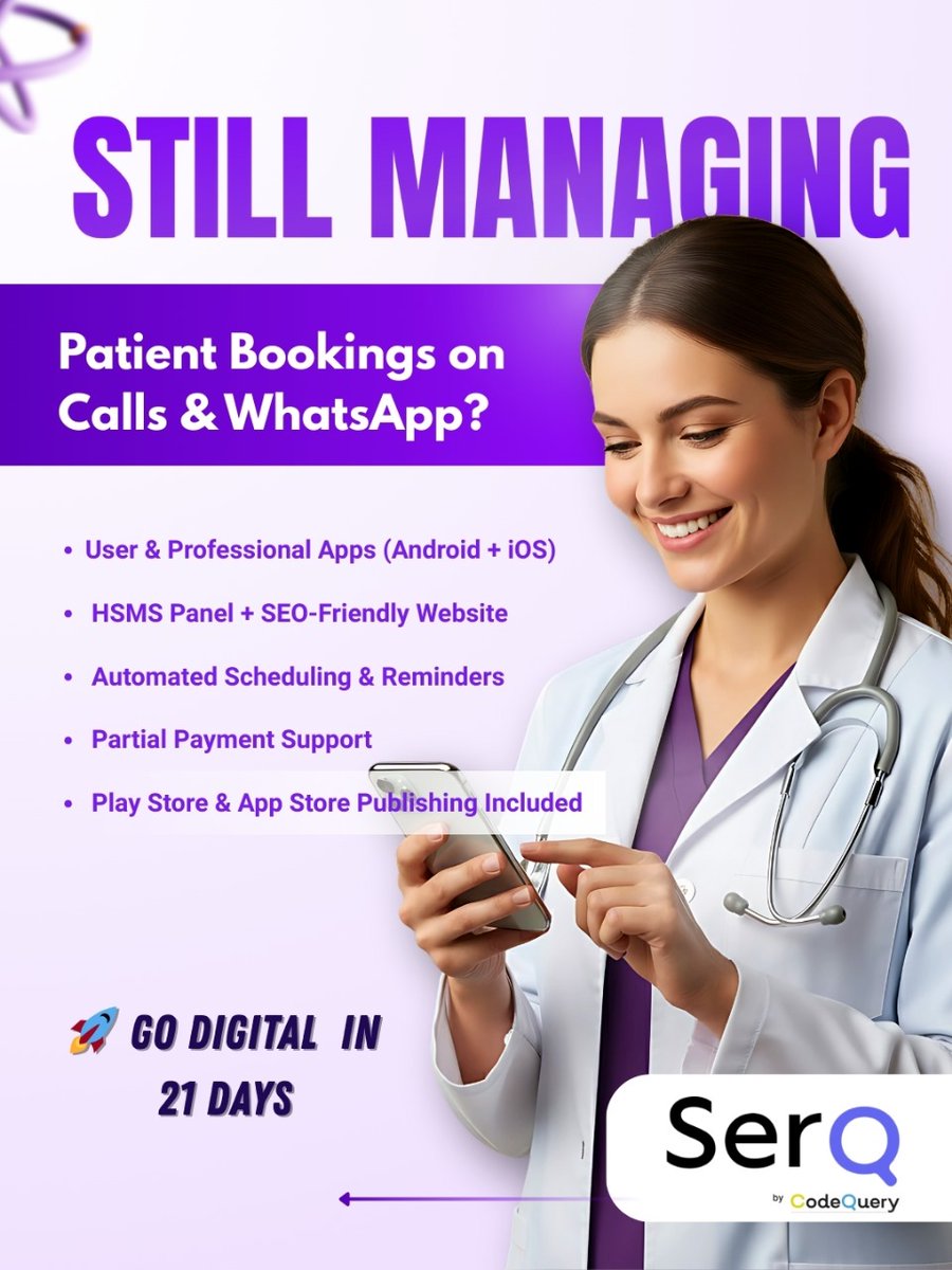 Codequery_'s tweet photo. Every minute spent on calls is a minute taken away from patient care. ⏱️
With SerQ by CodeQuery, streamline your practice:
✅ Automate bookings &amp; reminders
✅ Manage payments
✅ Go digital with your own professional app

#DigitalHealthcare #SmartDoctor #ClinicGrowth #codequery https://t.co/E0UMCnRD0a
