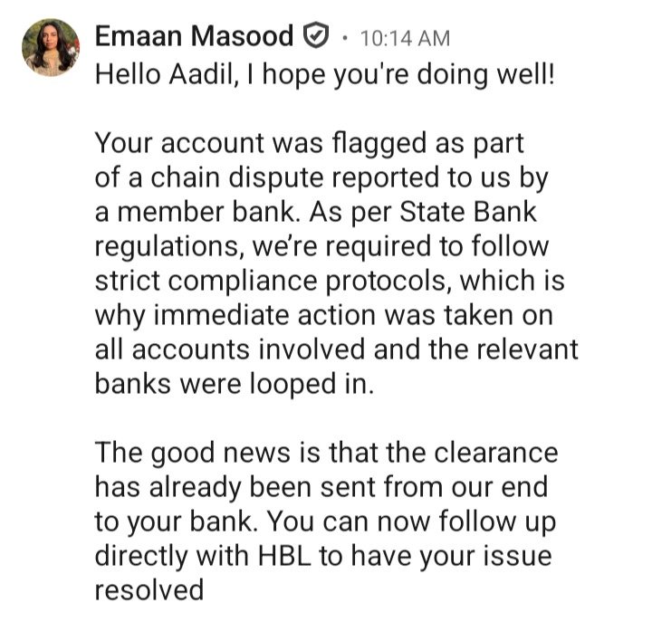 Muhamma10753186's tweet photo. My account has been blocked for 2+ months by HBL without any resolution despite clearance already sent by @sadapaypk. Endless delays, no response, no accountability. Is this how you treat customers? @HBLCare
@HBLPak
#HBLIssues #CustomerRights #BankingAccountability https://t.co/Nwf6tEmMUj