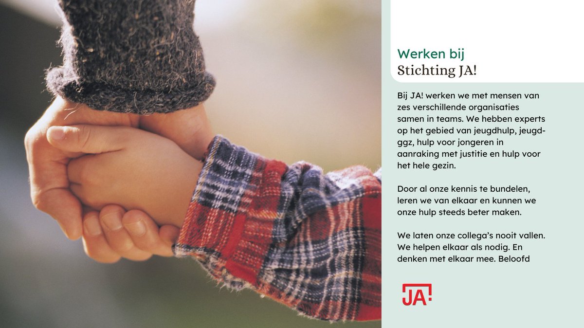 Bij JA! geloven we dat elk gezin in Amsterdam veilig, gezond en kansrijk moet kunnen opgroeien. Als kinderen, jongeren en gezinnen specifieke vragen en uitdagingen tegenkomen, zijn wij er om ze te ondersteunen.

Wil jij werken bij Stichting JA? 👉 duurzamevacaturebank.nl/company/sticht…