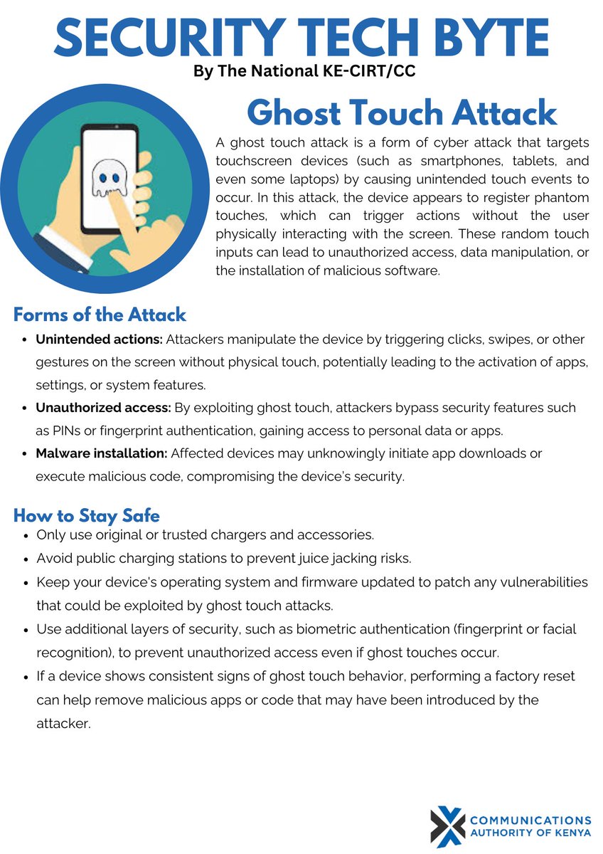 Is your phone acting on its own? It could be a Ghost Touch Attack! Today's Security Tech Byte is a heads-up on a clever scam where malware hijacks your screen, making phantom clicks to drain your accounts or send messages without your knowledge. #GhostTouch #BeCyberSmart