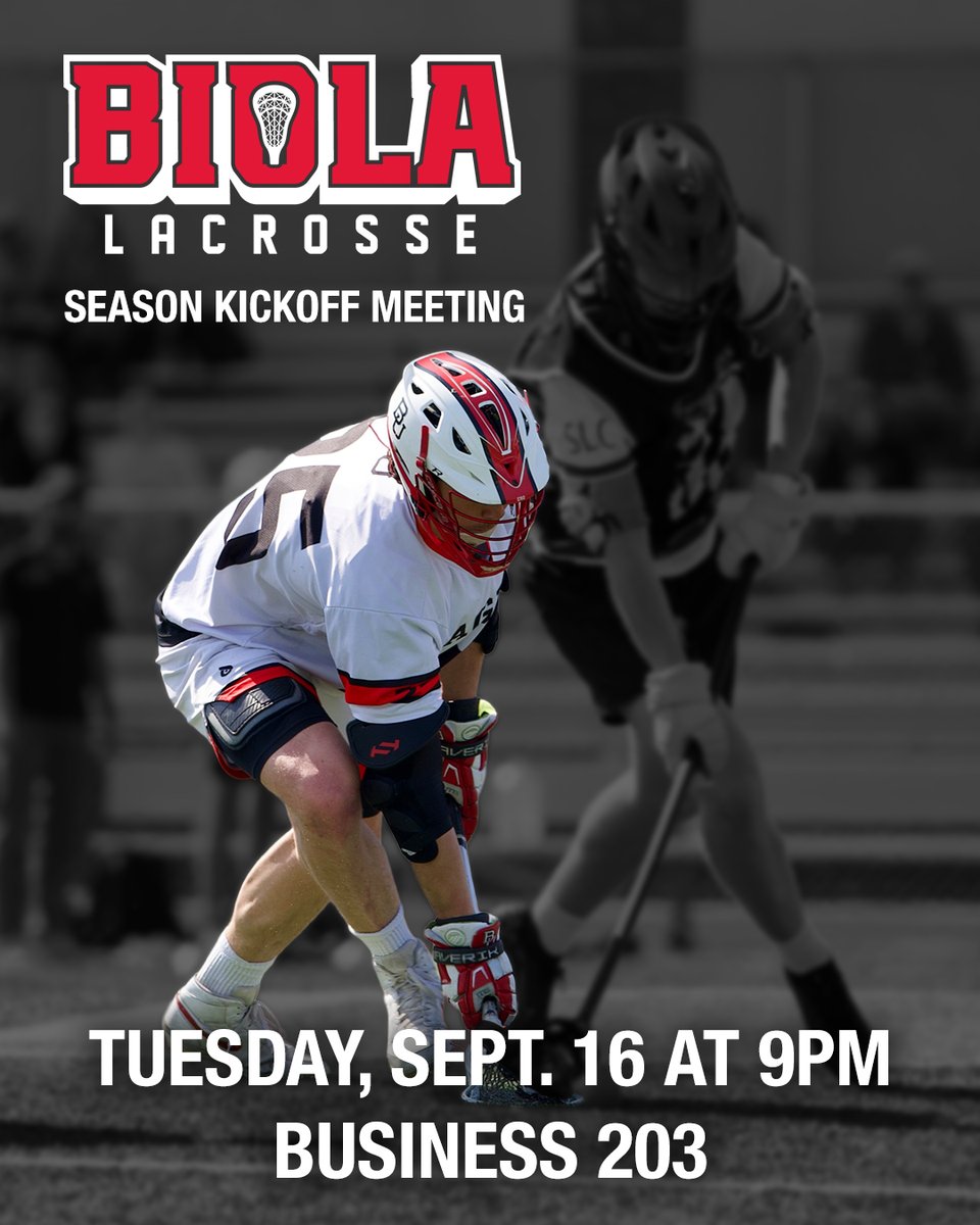 BiolaLacrosse's tweet photo. Interested in playing lacrosse at @biolau?
Join us for our first meeting of the season.

📅 Tuesday, September 16th
🕘 9:00 PM
📍 Business Building, Room 203

Open to all interested Biola students.
No experience or gear needed to join. https://t.co/4yeDRY2RSS
