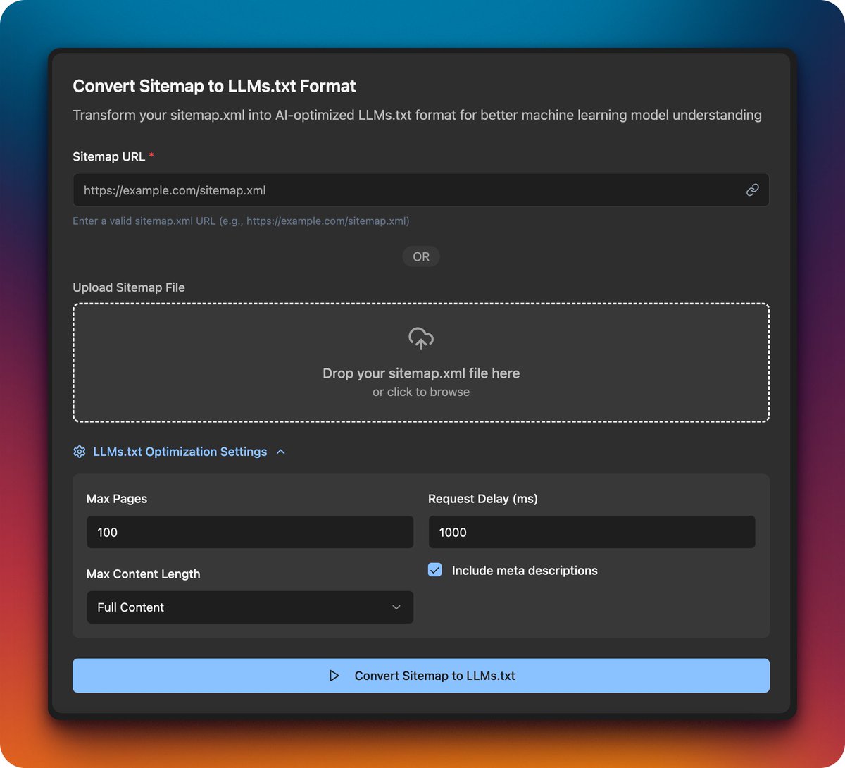 Sofianbb's tweet photo. Updated my Free tool: Sitemap to LLMs.txt

https://t.co/OtzfcYsjUJ

New "URL &amp; Meta Only" Option
Smarter Content Extraction
Simplified Output Format
Better User Experience

Made with @Replit https://t.co/ZCVW9VgXyN