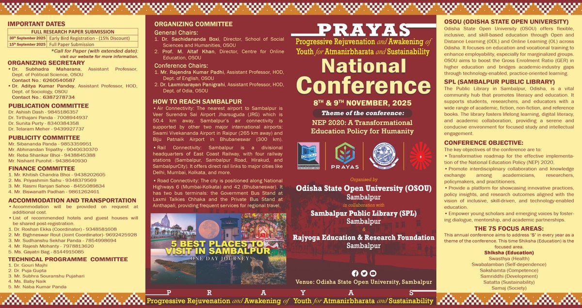 OsouOdisha's tweet image. PRAYAS: Progressive Rejuvenation and Awakening of Youth for Atmanirbharata and Sustainability. National Conference by OSOU in collaboration with SPL &amp;amp; RERF. Dt: 8th &amp;amp; 9th November, 2025. #PRAYAS #NationalConference #OSOU #SPL #RERF