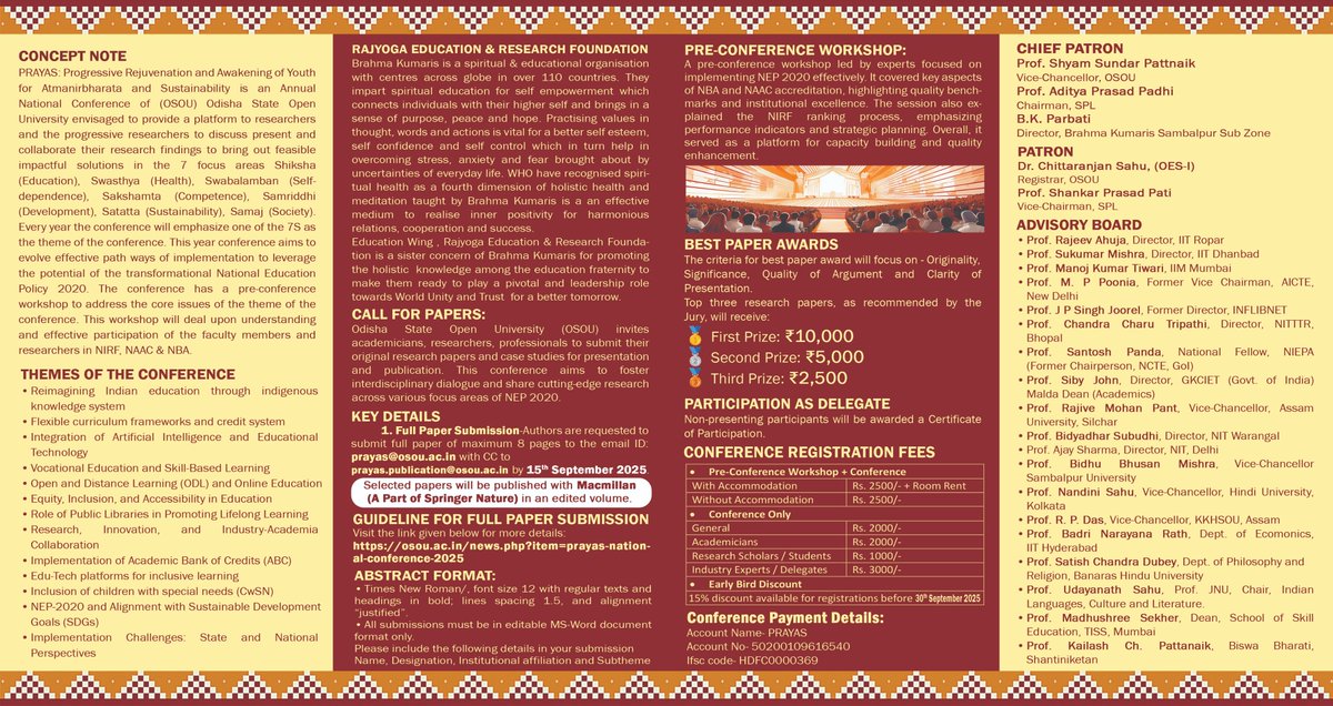 OsouOdisha's tweet image. PRAYAS: Progressive Rejuvenation and Awakening of Youth for Atmanirbharata and Sustainability. National Conference by OSOU in collaboration with SPL &amp;amp; RERF. Dt: 8th &amp;amp; 9th November, 2025. #PRAYAS #NationalConference #OSOU #SPL #RERF
