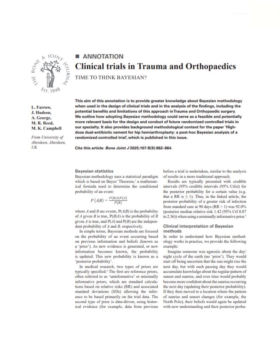 BoneJointJ's tweet photo. The use of Bayesian methods in the design of trials and the analysis of the findings provides several potential benefits, which may be particularly applicable in Trauma & Orthopaedic surgery.
#ClinicalTrials #BayesianStatistics #RCTs #Ortho @docfarrow
https://t.co/Qv9HwZpdMr https://t.co/ga4sNrgr99