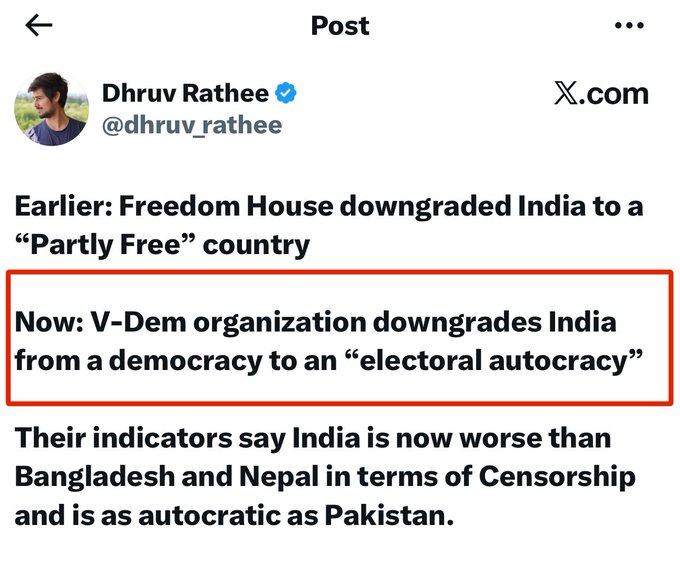 "Democracy Index" 2025 Ranking by Sweden's V-Dem

Nepal : 55th
India   : 100th

Nepal ranked higher, whereas India is described as an autocracy. Bangladesh is also ranked higher where there is no democracy.

It speaks volumes about the credibility of such indices