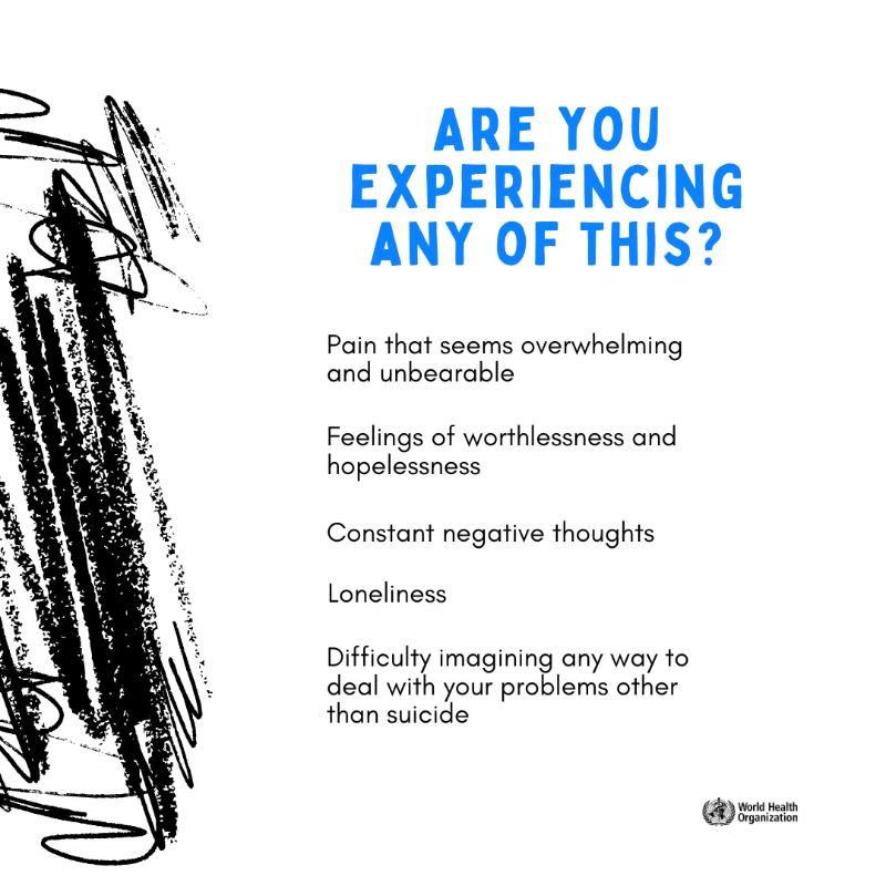 WHO's tweet photo. Feeling overwhelmed by pain, worthlessness, or loneliness? 😔  

You're not alone. These are signs of severe emotional distress, and help is available. Talk to someone you trust, a health worker, or a crisis line. 🫂 

#WorldSuicidePreventionDay