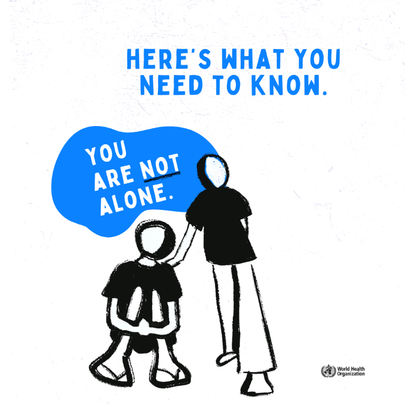 WHO's tweet photo. Feeling overwhelmed by pain, worthlessness, or loneliness? 😔  

You're not alone. These are signs of severe emotional distress, and help is available. Talk to someone you trust, a health worker, or a crisis line. 🫂 

#WorldSuicidePreventionDay