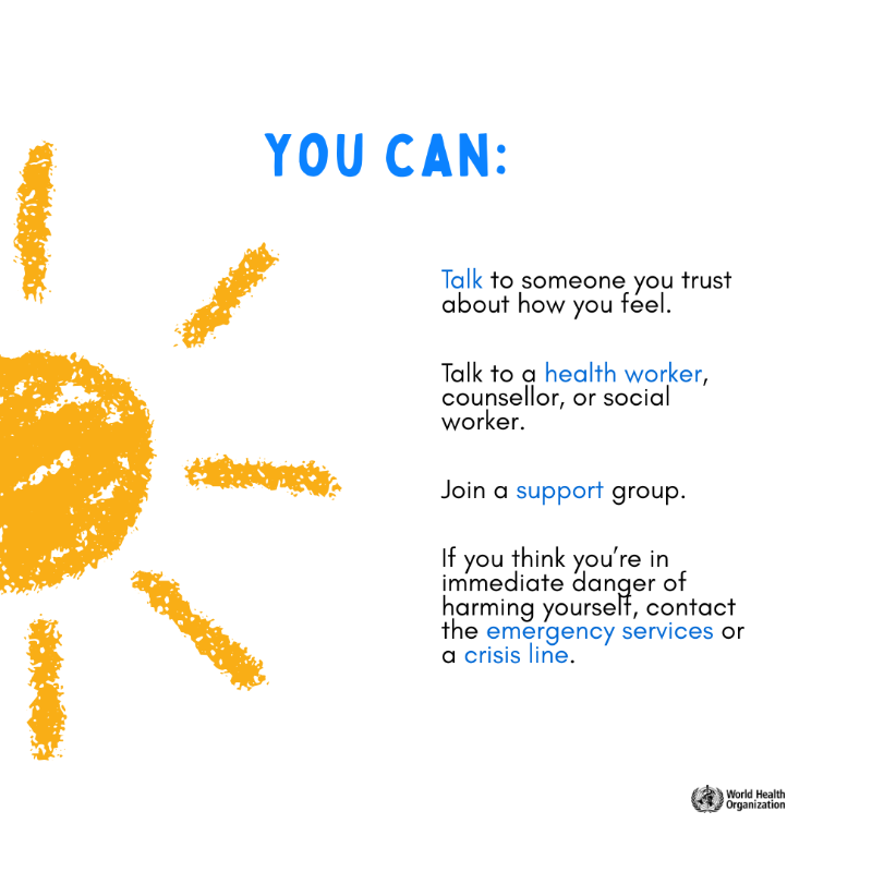 WHO's tweet photo. Feeling overwhelmed by pain, worthlessness, or loneliness? 😔  

You're not alone. These are signs of severe emotional distress, and help is available. Talk to someone you trust, a health worker, or a crisis line. 🫂 

#WorldSuicidePreventionDay