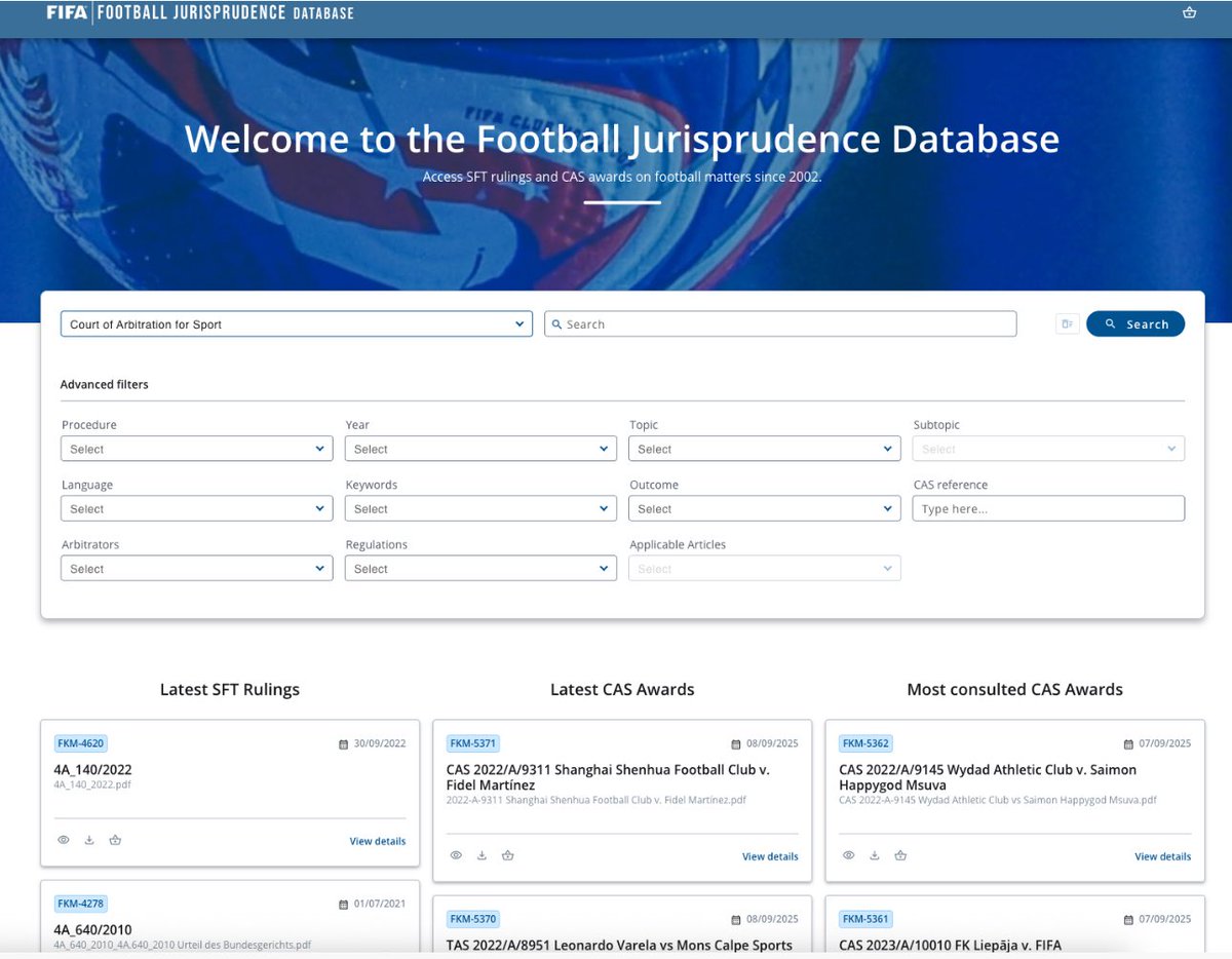 FIFA Launches Groundbreaking Jurisprudence Database: A Win for Football Agents, Lawyers, and Stakeholders.✨🏆⚽️

For years, accessing past CAS and Swiss Federal Tribunal decisions in football disputes was stressful and time consuming. But, yesterday, FIFA took a historic step