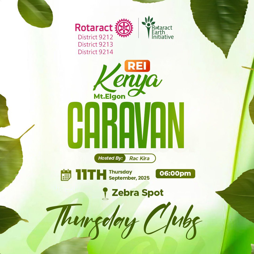 *🌍🌱 Greening the Future, One Seed at a Time!*

Join us for the REI Kenya Mt. Elgon Caravan 🌿 hosted by *RAC Kira* 

*Thursday, 11th Sept 2025* at _Zebra Spot_
*At 6pm*  

A step at a time.
Register starting now
reiregistration.scintl.co.ug

*#REICaravan*
*#RotaractForEarth*