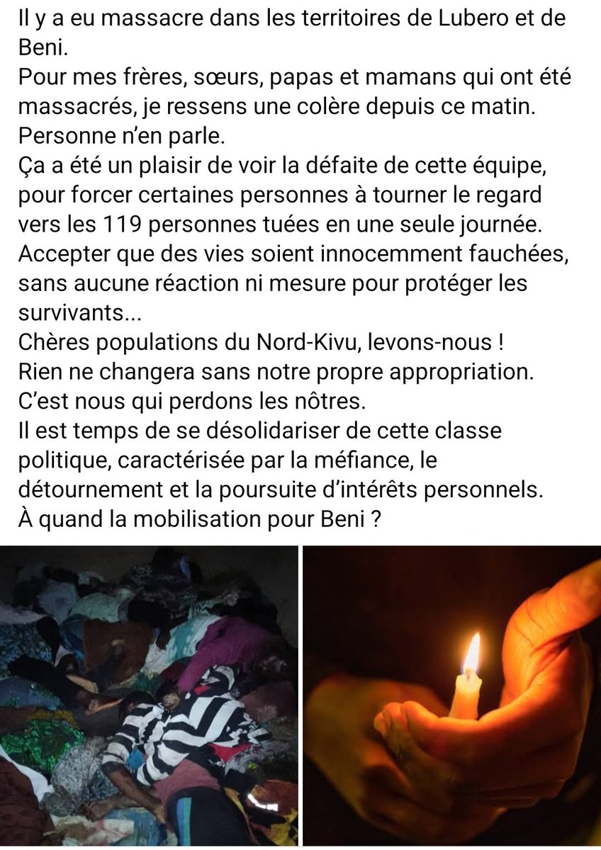 IssaVihamba's tweet image. Heureux pour de cette défaite 
Mais je suis triste de nos frères ,papas et mamans qu&apos;ont été tués
@UNOCHA_fr @luchaRDC @MathouxHerve @matumo_b @DavidMubawa1 @AleshOfficiel @StewardMuhindo