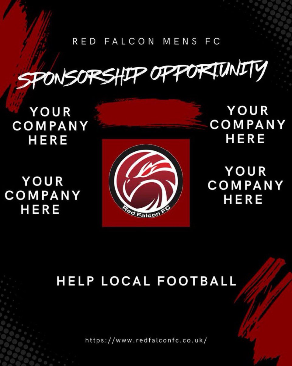 ⚽ Support Red Falcons FC this season! ⚽

Just £50 gets your business:
✅ Brand on all matchday tweets
✅ Local exposure &amp; community reach

Back grassroots football &amp; join our sponsors! 📩

🔴 RJJ Plastering &amp; Rendering
⚫️ Conventus Solutions Ltd

❤️🖤 #UTF