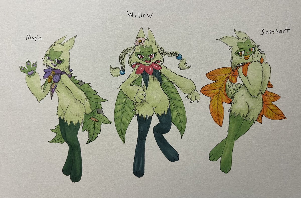 stuffmadebymel1's tweet photo. And the trio has been complete with names.
Maple is my OG
Willow the vanilla grass cat
And sherbet who shall be maples adopted sibling.
I’m so tired
Can’t believe i draw the grass cat none stop
Hope yall enjoy Imah pass out
#meowscarada #pokemonfanart #Pokemon #grasscat https://t.co/Hog56Jona1