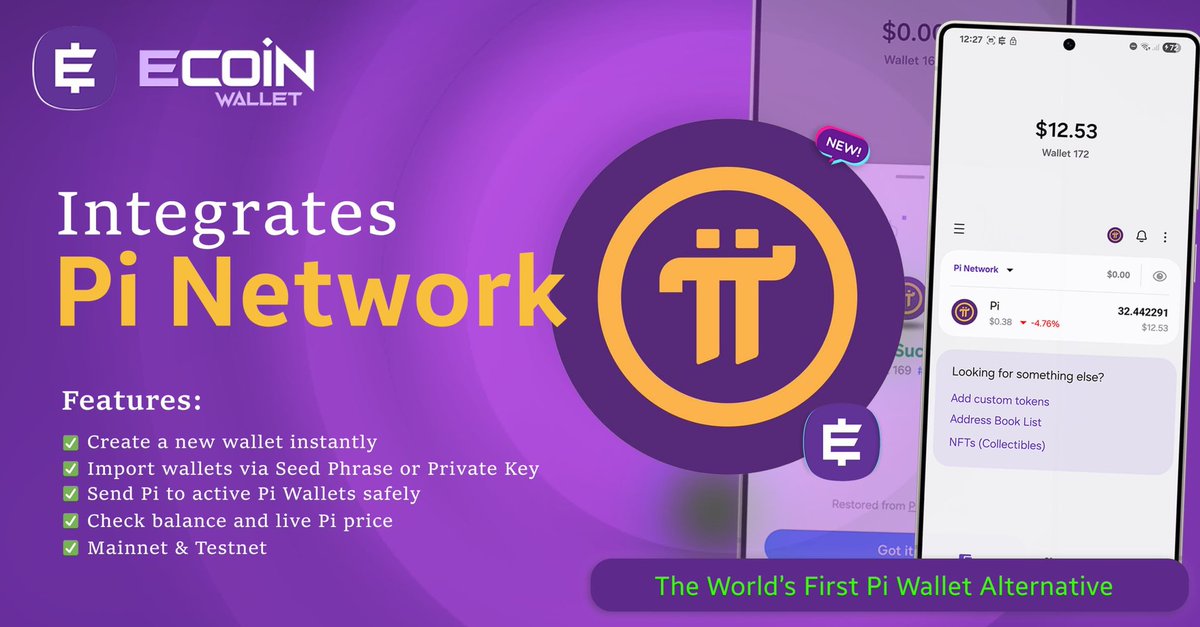 UPDATE
Version (1.8.0)
(Released on Sep 09th, 2025 🔔

Pi Network Integration <a href="/PiCoreTeam/">Pi Network</a>

ECOIN Wallet just made history as the world’s first alternative wallet fully compatible with the Pi Network.  🎉

Now you can migrate your Pi Wallet to ECOIN Wallet using your 24-word Seed
