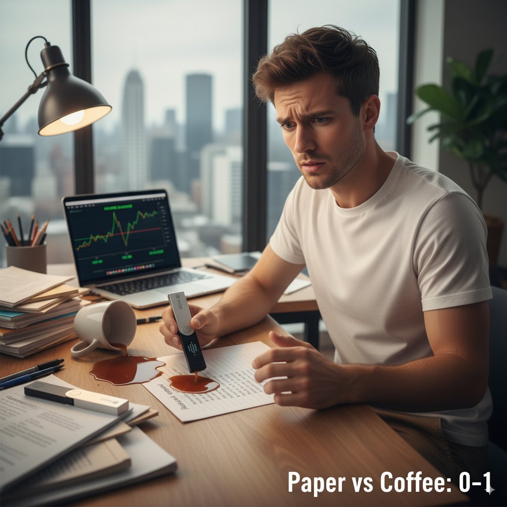 Paper vs Coffee: 0–1

You’re one spilled coffee away from losing everything.

Even worse…

There’s no reset button.

Your seed phrase is the only way back into your wallet. If it’s gone so is your crypto. Forever.

Here’s what most holders get wrong: