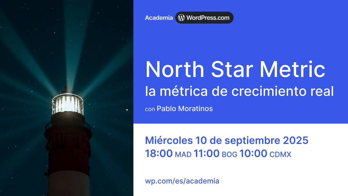 Hoy nos vemos en #AcademiaWordPresscom para definir la principal métrica de crecimiento de tu negocio online. Ya te adelanto que no son ni visitas, ni ventas ni formularios recibidos 😉 Registro gratis y mucho rock&amp;roll con <a href="/monchomad/">José Ramón Padrón García (Mon)</a> y <a href="/eswordpresscom/">WordPress.com en Español</a> wordpress.com/es/academia/