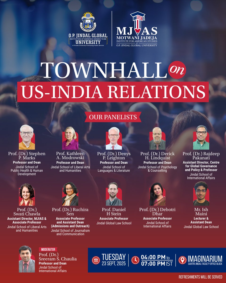 Join me and my colleagues for a Townhall on US-India Relations on the <a href="/JindalGlobalUNI/">JGU</a> Campus on Sep 23!

<a href="/JGU_JSLH/">Jindal School of Liberal Arts & Humanities</a> <a href="/AmbMoKumar/">Dr Mohan Kumar</a> <a href="/RuchiraSen67/">Ruchira</a> <a href="/readyornought/">Rajdeep Pakanati</a> <a href="/sreeramchaulia/">Sreeram Chaulia</a> <a href="/mjias_jgu/">Motwani Jadeja Institute for American Studies</a>