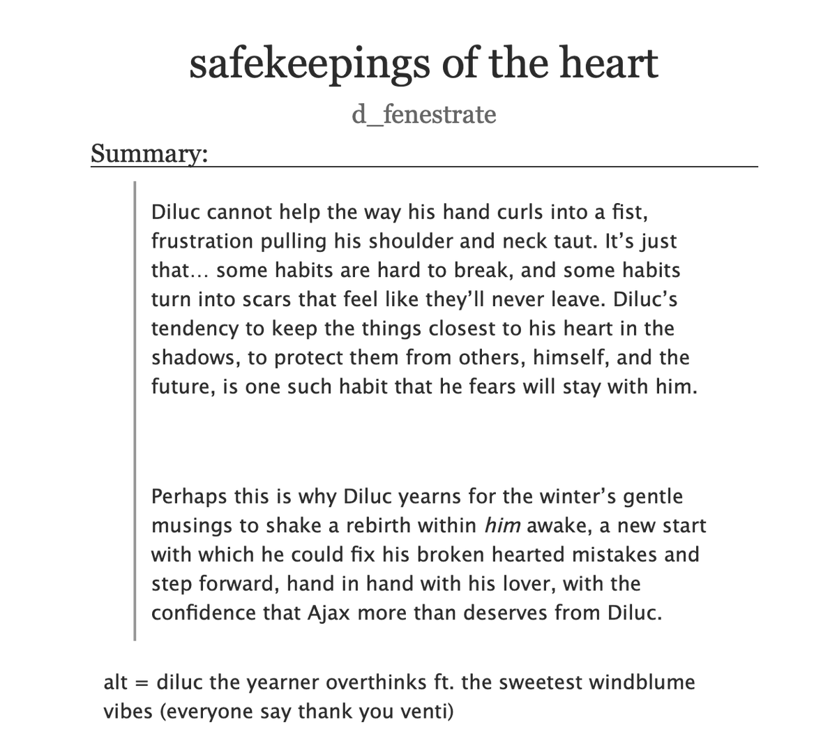 safekeepings of the heart
🪄 canonverse #chiluc, diluc pov  
✍️ 5.6k words, rated t  
💌 part of my "love written by the ink bleeding from our hearts" series

🦉 written for <a href="/ChiluccZine/">Chiluc Zine: Ink and Heartstrings</a> 🐳
💖 <a href="/k8katdoodles/">Kat Sandwich</a> drew the coziest art for this fic. it's in the zine!

links⬇️