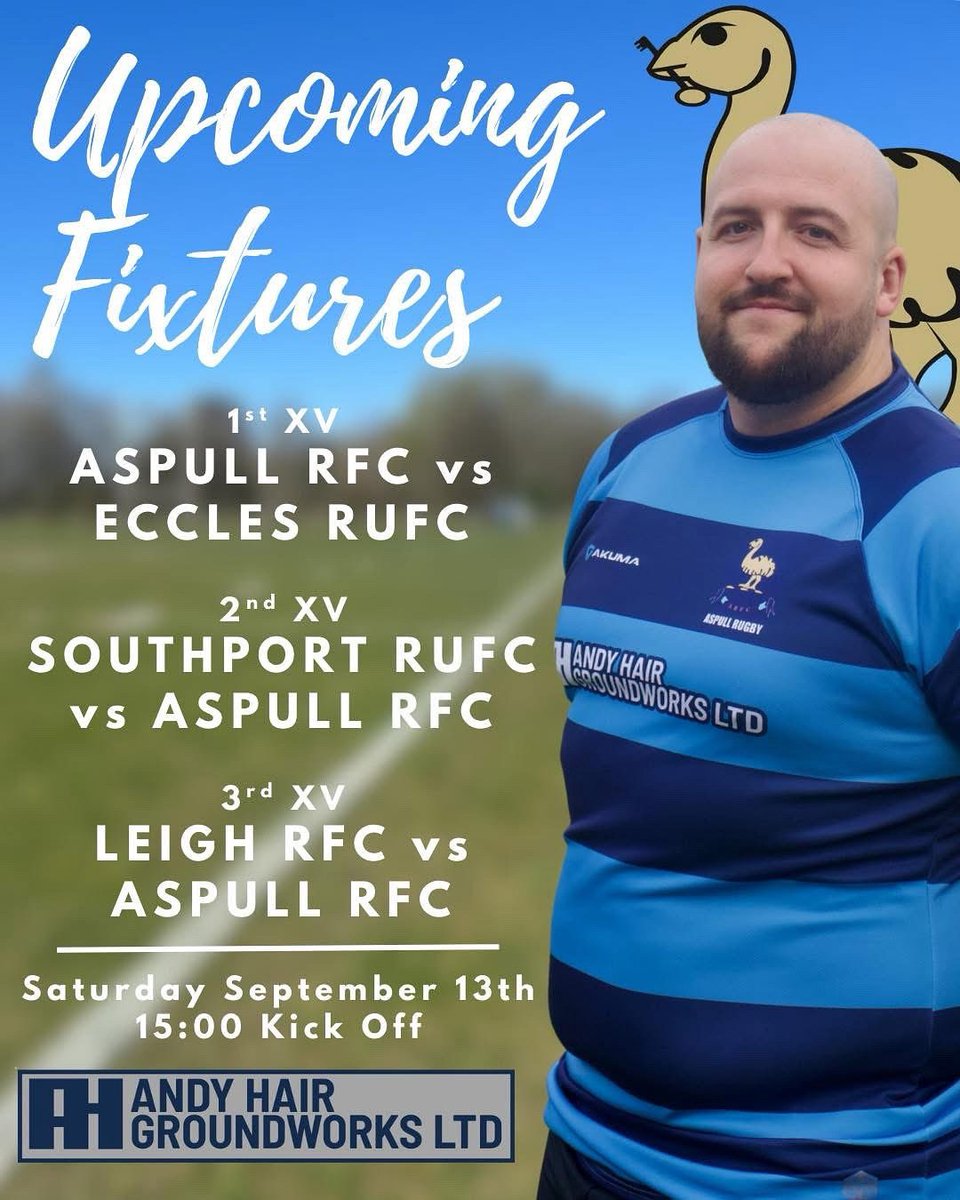 Aspullrfc's tweet image. 📅 Upcoming Fixtures – Saturday September 13th
All three Aspull sides are in action this weekend!

🏉 1st XV – Aspull RFC vs Eccles RUFC (Home)
🏉 2nd XV – Southport RUFC vs Aspull RFC (Away)
🏉 3rd XV – Leigh RFC vs Aspull RFC (Away)

⏰ Kick off for all games: 3:00pm