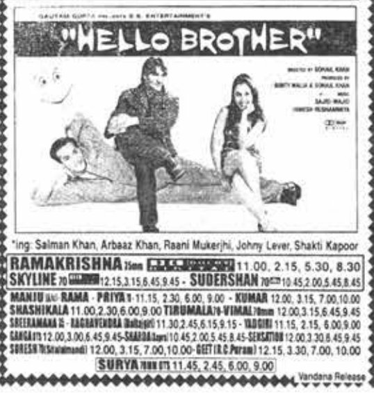 MoviesUpdatez's tweet photo. #26YearsOfHelloBrother
Hyderabad, Ramakrishna35 35 Days Run.
Replaced With #Vaastav
@BeingSalmanKhan #RaniMukherji @arbaazSkhan
A Film By Sohail Khan #HelloBrother https://t.co/R4J1D1mA5E