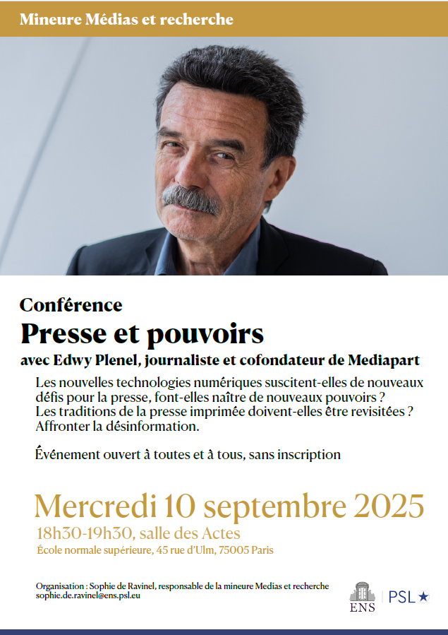 Les technologies numériques suscitent-elles de nouveaux défis pour la presse, comment changent-elles l'équilibre des pouvoirs et la "santé" de l'information ? On en débat ce soir à <a href="/ENS_ULM/">École normale supérieure | PSL</a> avec <a href="/edwyplenel/">Edwy Plenel</a> pour la reprise de notre prg Médias et recherche: ens.psl.eu/une-formation-…