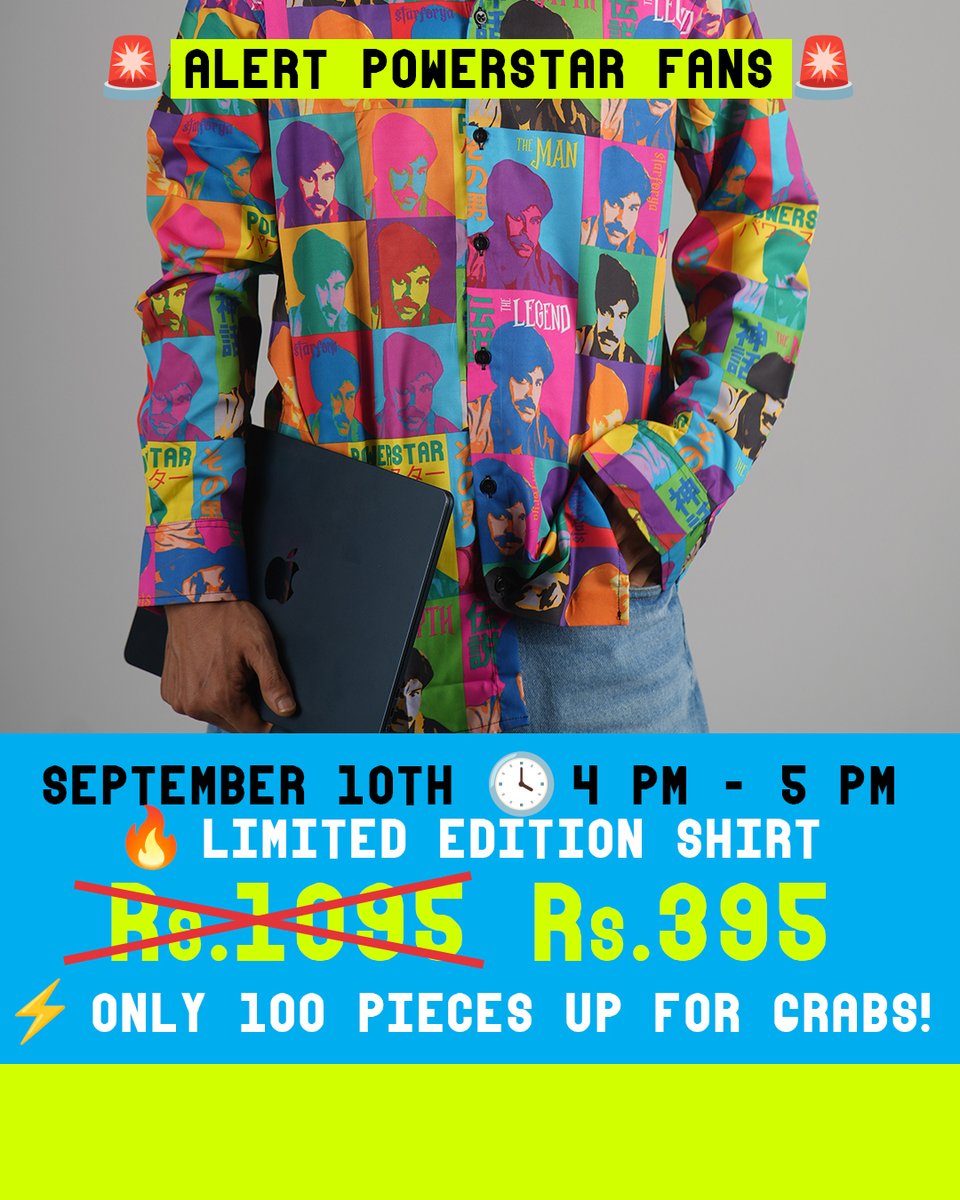 StarForyaOffl's tweet photo. Hey Cult Powerstar Fan! 🔥
Powerstar Pop Art Shirt Madness is HERE – Only Rs.395 💥
⏰ 1 Hour Only – Today 4–5 PM! ⚡ Just 100 Pieces! Don’t miss out!
Link in the Bio

#Powerstar #Starforya #theycallhimog #theOGwear #OGwear #GlobalOGFandom #PawanKalyanFC #OGRecords https://t.co/pp6Ghr2W6T