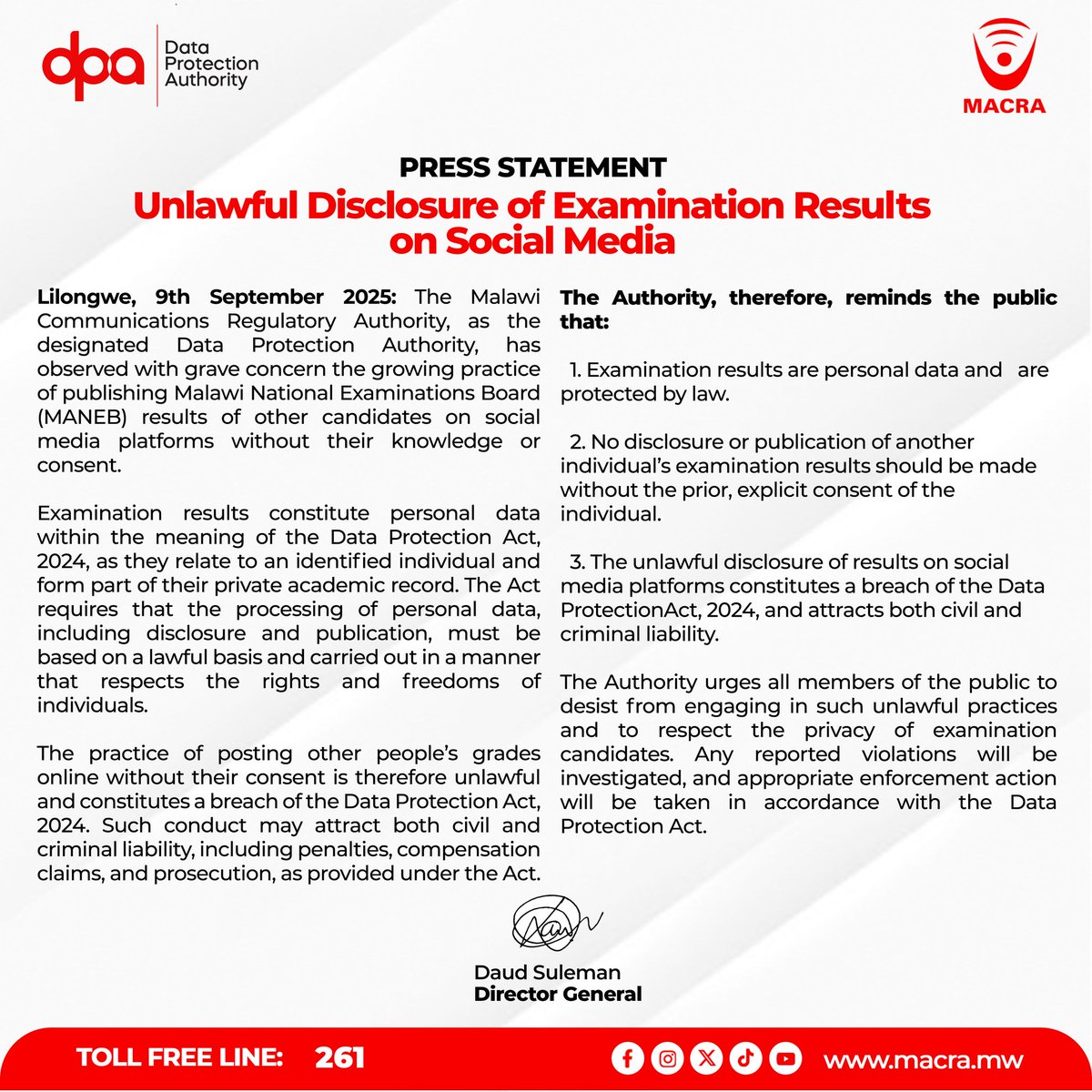 MACRAMALAWI's tweet image. 📘 Exam results = private data 🚫 Don’t share someone’s results without consent ⚖️ It’s unlawful under the Data Protection Act, 2024
 
Respect privacy ✅ Protect rights ✅ Say NO to unlawful disclosure ❌
 
#DataProtectionAuthoritymw #MACRA #261TollFree