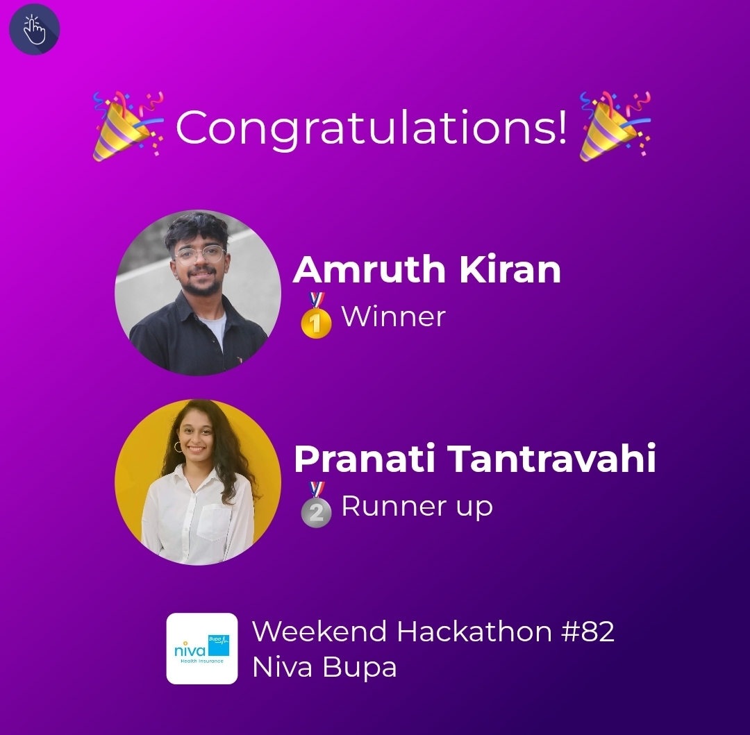 uxhack_co's tweet image. 🏆 Winners of Weekend Hackathon #82 on @Niva_Bupa challenge are:

🥇 @AmruthKiran3 
🥈 Pranati Tantravahi

🥳 Congratulations!

👉🏻 Check out the top solutions at: l.uxhack.co/8qps42

#nivabupa #uxhack #healthinsurance #productredesign #design #hackathon #userexperience