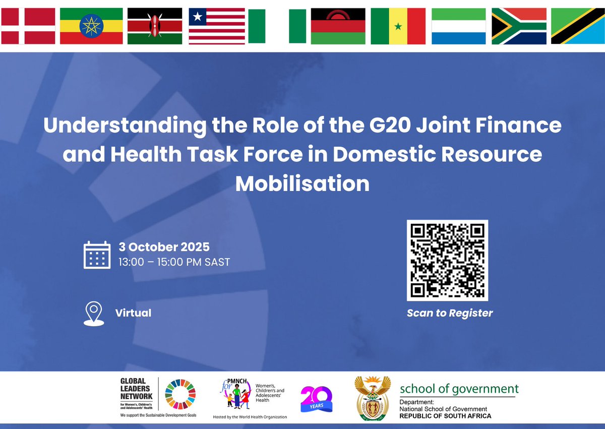 Join us for the second webinar in our Domestic Resource Mobilisation series, bringing together global &amp; national leaders to elevate sustainable health financing.

🗓️ 3 October 2025
🕐 13:00–15:00 SAST

🔗 Register now: thensg-gov-za.zoom.us/webinar/regist…

#GLNWebinarSeries #WCAH #DRM <a href="/g20org/">G20 South Africa</a>